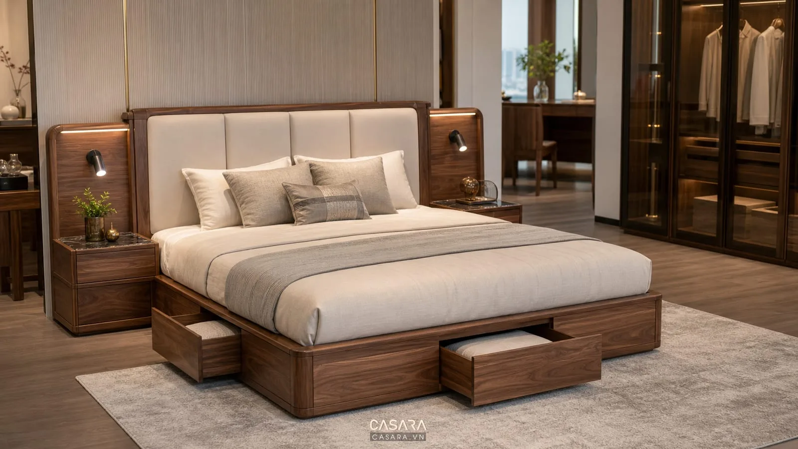 giường thông minh đầu giường bọc nệm tab liền ngăn kéo kín gỗ óc chó và đèn đọc sách trong phòng ngủ chính