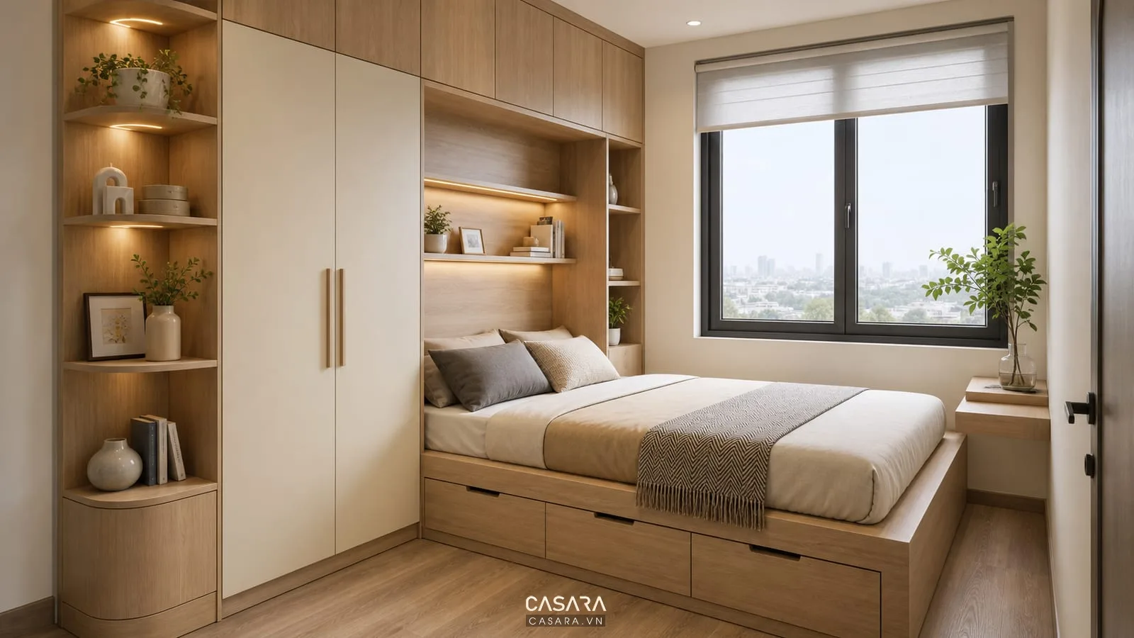 giường thông minh kết hợp tủ quần áo có tủ kịch trần khoang mở đầu giường hộc kéo dưới gầm và lối đi rõ