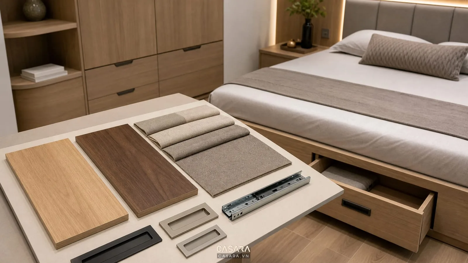 bảng mẫu vật liệu mẫu giường thông minh đẹp gồm gỗ sáng gỗ óc chó vải bọc đầu giường ray hộc kéo và tay nắm âm