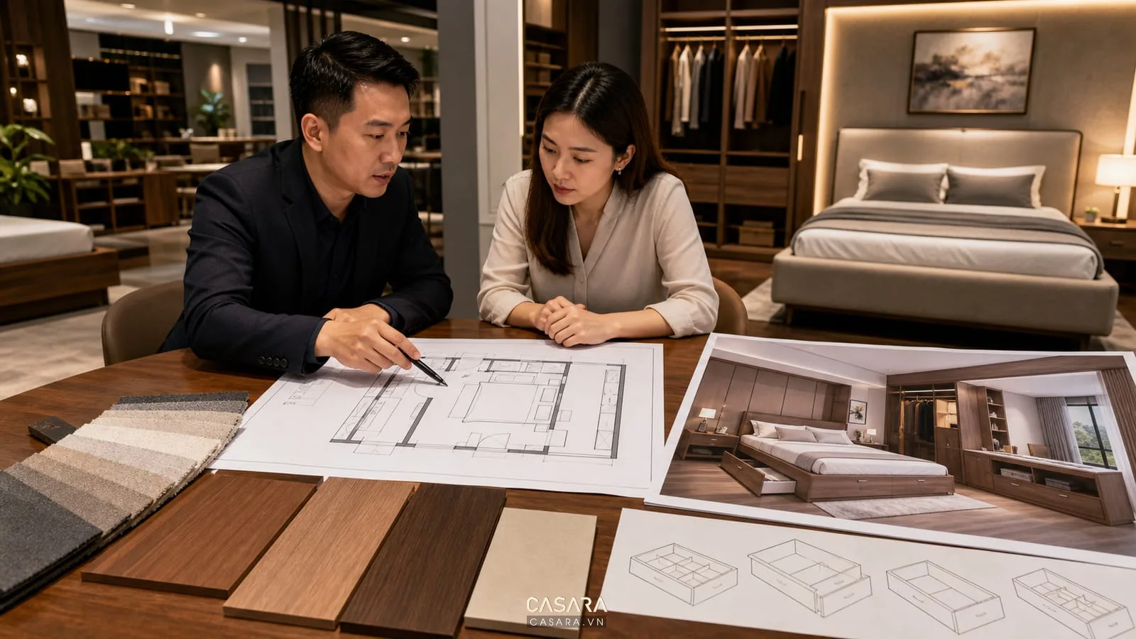 kiến trúc sư tư vấn mẫu giường thông minh đẹp với bản vẽ phòng ngủ phối cảnh 3D giường liền tủ mẫu vật liệu và sơ đồ hộc kéo