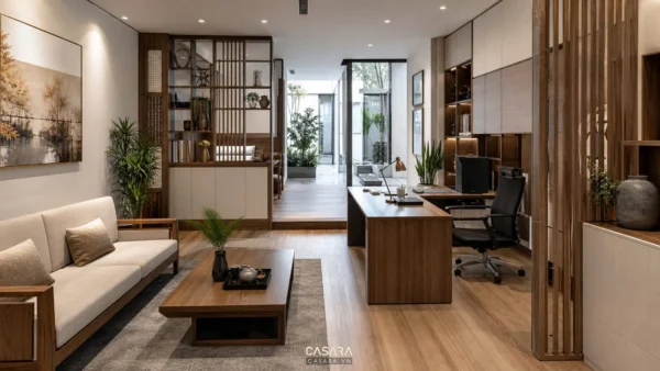 Mẫu thiết kế nhà ở kết hợp văn phòng với khu làm việc và lối đi rõ ràng