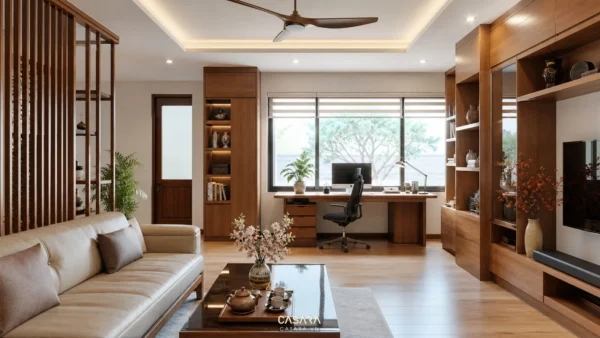 Phòng khách có sofa, kệ gỗ và bàn làm việc đặt cạnh cửa sổ lớn