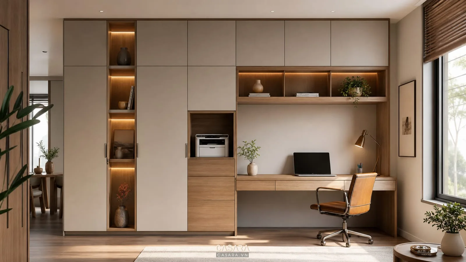 Hệ tủ lưu trữ cho mẫu thiết kế nhà ở kết hợp văn phòng hiện đại