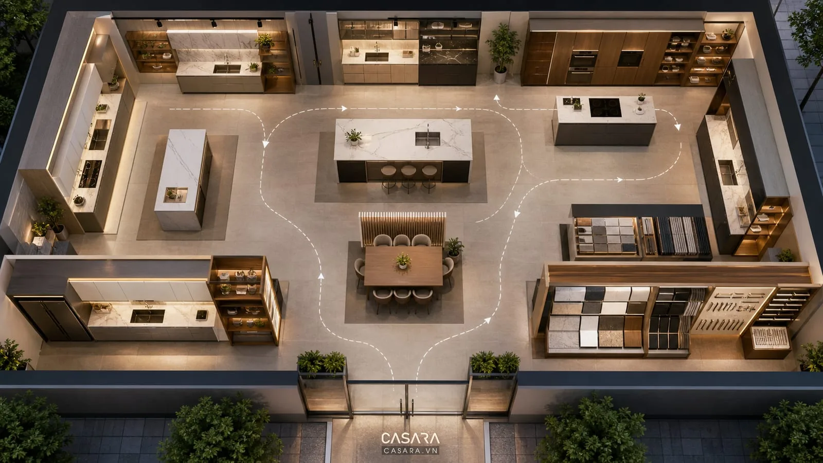 Bản thiết kế showroom bếp thể hiện mặt bằng, lối đi, khu tư vấn và khu trưng bày vật liệu