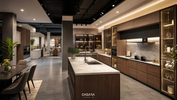Thiết kế showroom 3D khu bếp cao cấp với đảo bếp, tủ bếp và khu tư vấn