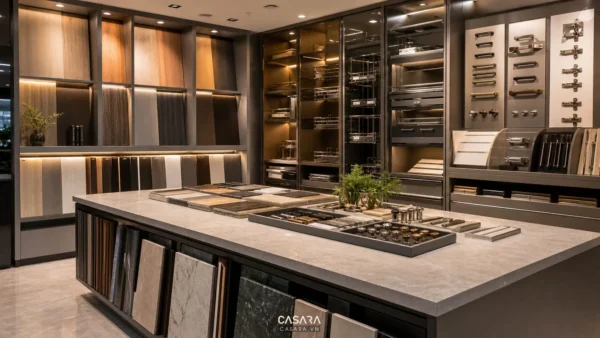 Kệ trưng bày vật liệu showroom bếp với mẫu gỗ, đá, kính, tay nắm và phụ kiện