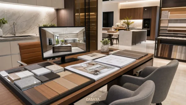 Khu tư vấn showroom bếp với bản vẽ thiết kế showroom, mẫu vật liệu và màn hình phối cảnh