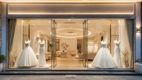 showroom áo cưới mặt tiền kính với váy cưới trắng trưng bày và ánh sáng ấm