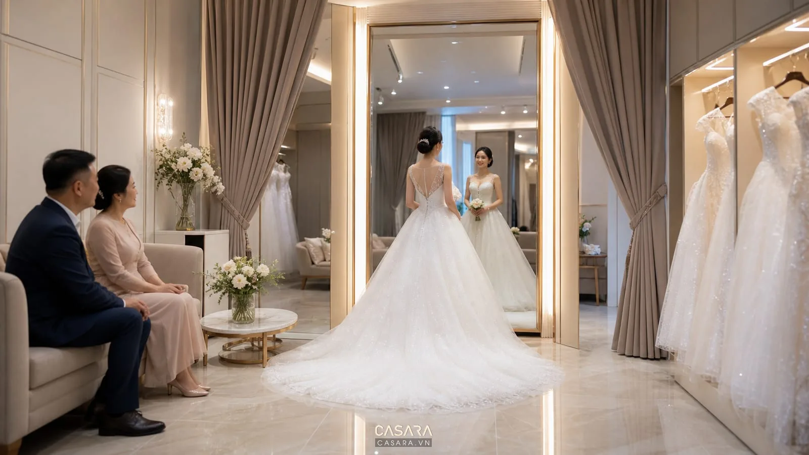 phòng thử áo cưới với váy cưới trắng, gương toàn thân và đèn ánh sáng đều