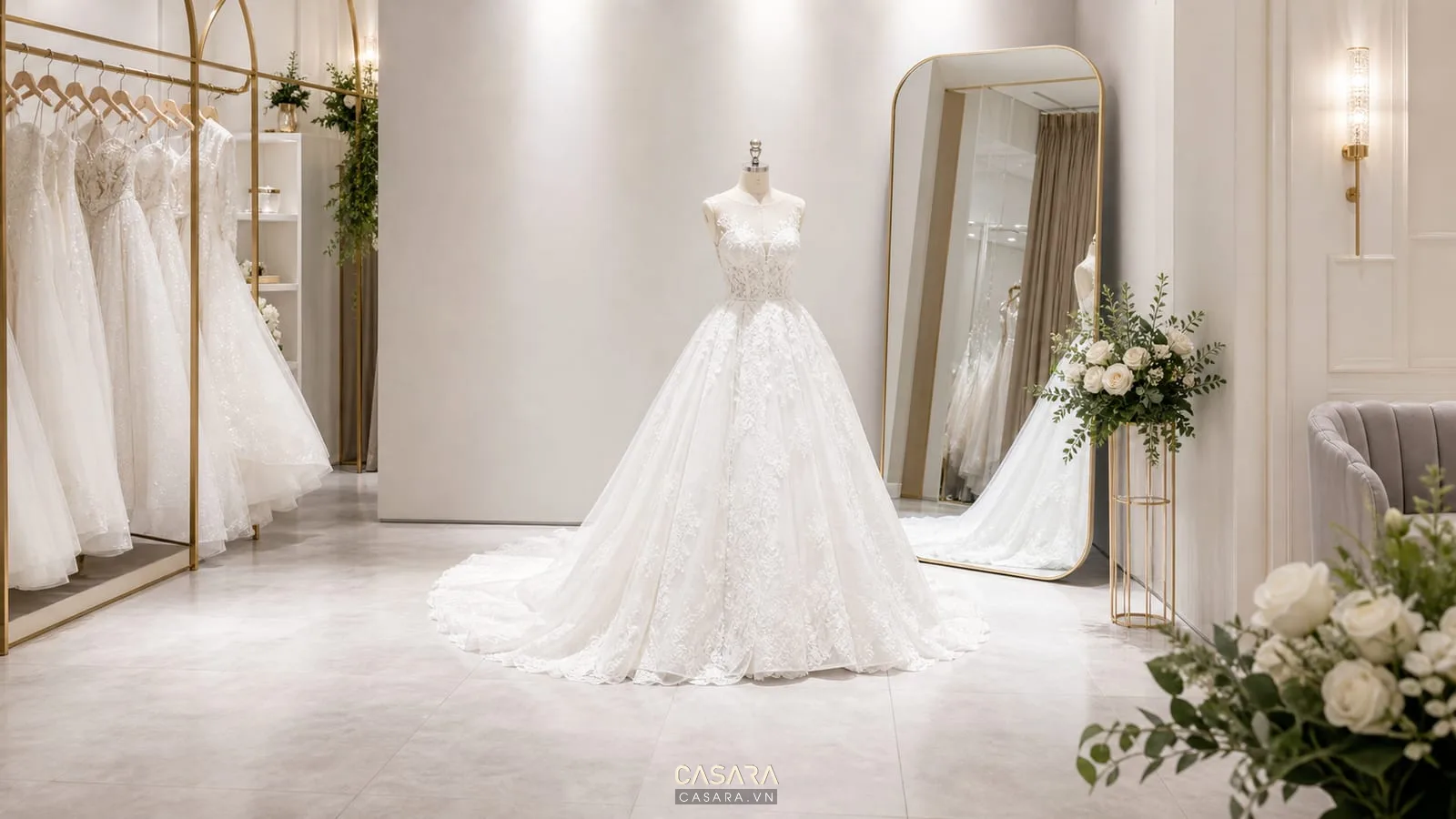 góc chụp ảnh showroom áo cưới với váy cưới trắng, gương lớn và nền sáng