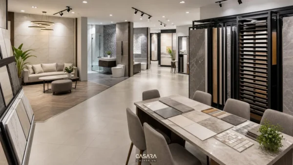 Mặt bằng showroom gạch ốp lát với khu gạch phòng khách, gạch phòng tắm, kệ mẫu gạch men và bàn tư vấn.