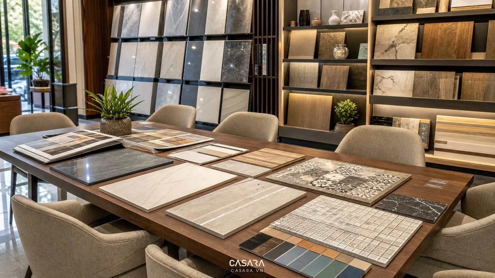 Khu tư vấn showroom gạch ốp lát với bàn lớn, mẫu gạch men, catalog vật liệu, ghế ngồi và kệ mẫu phía sau.