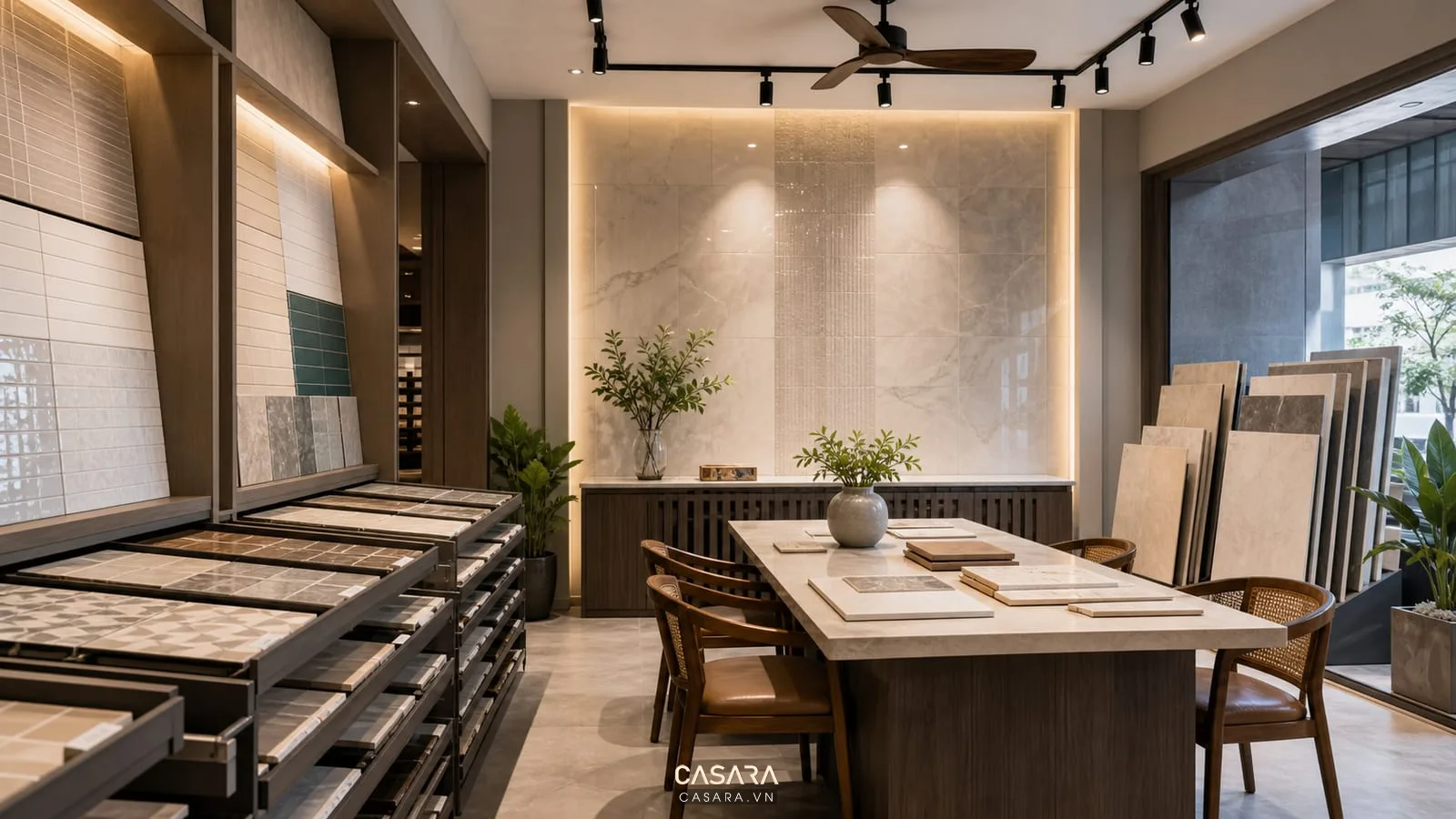 Showroom gạch ốp lát nhỏ với kệ kéo mẫu gạch men, bảng mẫu đứng, bàn tư vấn đa năng và mảng gạch ốp tường.