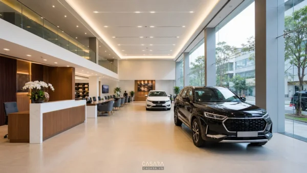 Mẫu thiết kế showroom ô tô hiện đại với xe trưng bày và khu tư vấn