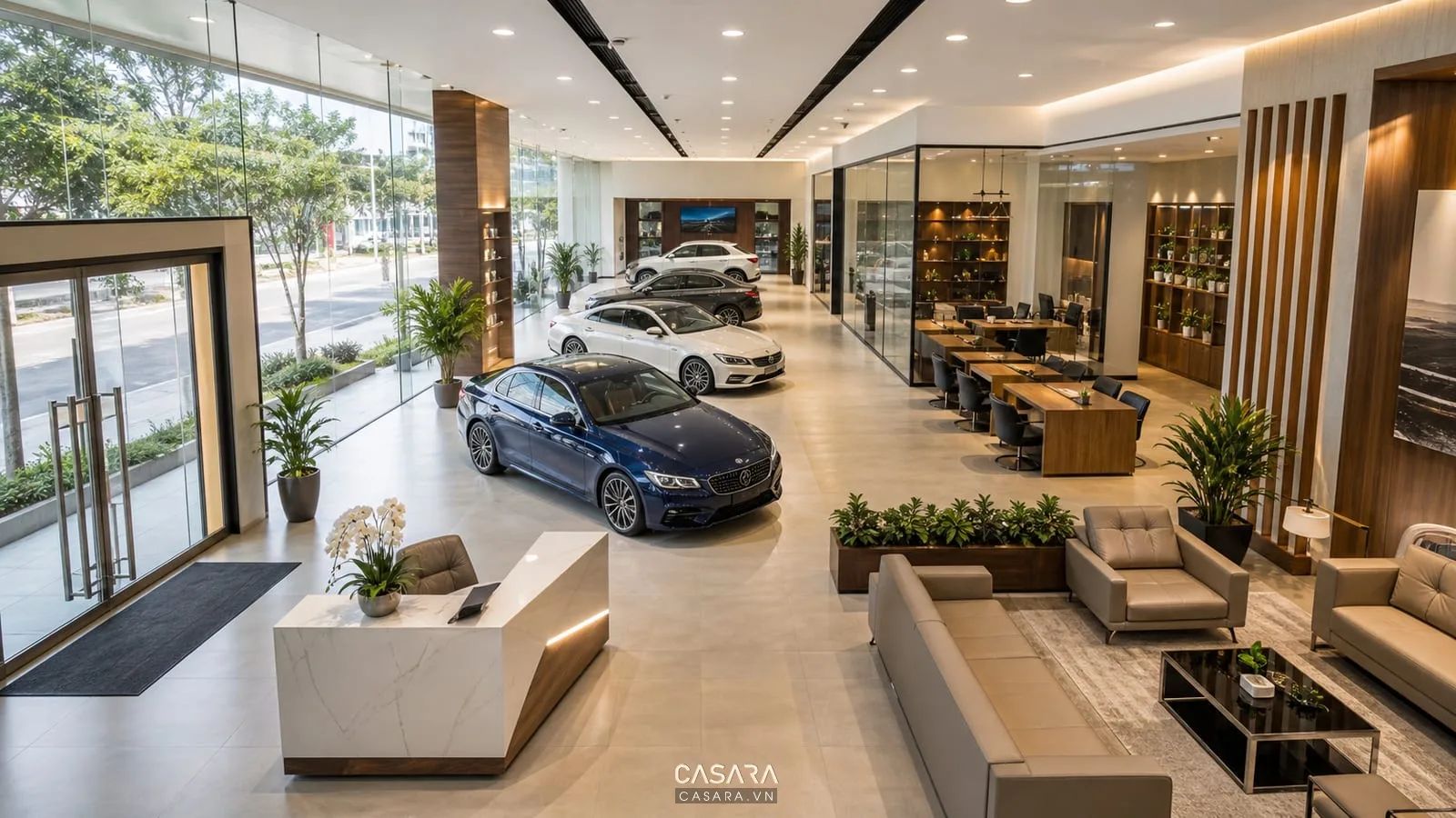 Mặt bằng showroom ô tô với xe trưng bày, lối đi và bàn tư vấn