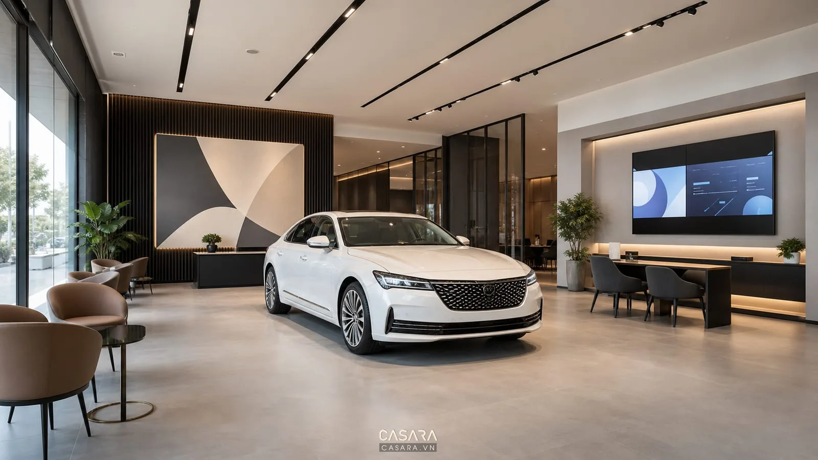 Showroom ô tô tối giản với xe trưng bày, đèn tuyến tính và vách thương hiệu