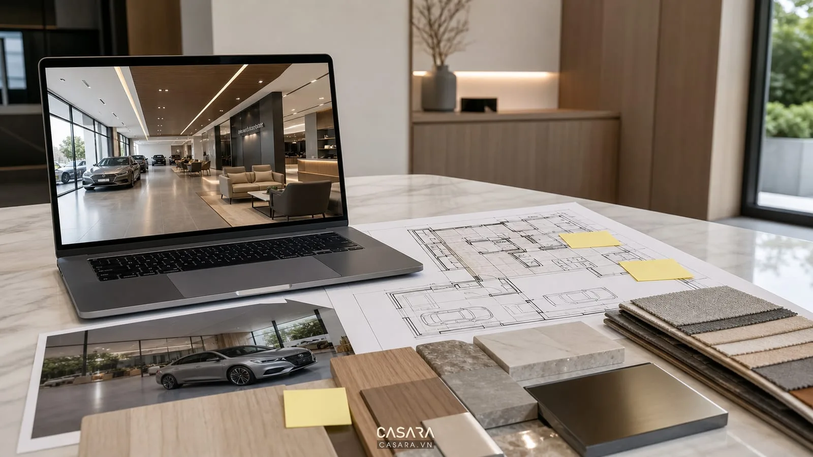 Phối cảnh 3D showroom ô tô với bản vẽ mặt bằng và mẫu vật liệu