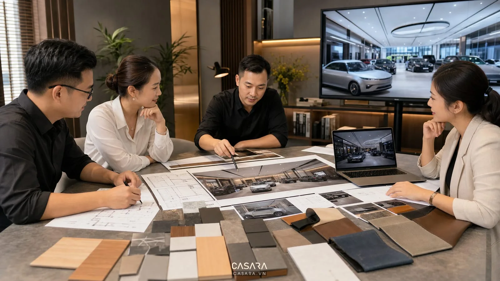 Tư vấn thiết kế showroom ô tô với bản vẽ, phối cảnh 3D và mẫu vật liệu