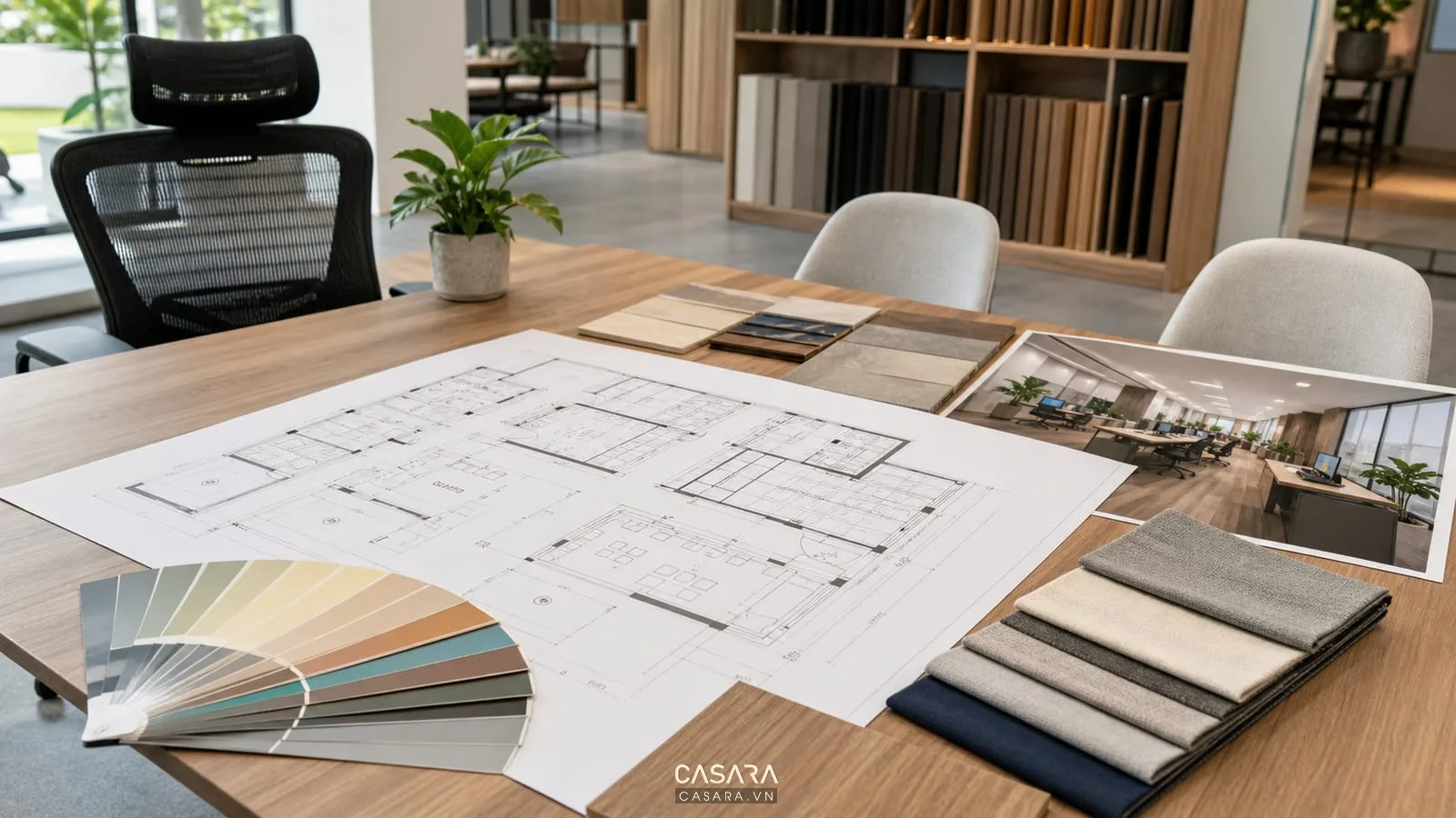 Bản vẽ mặt bằng thiết kế văn phòng 100m2 cùng mẫu vật liệu và phối cảnh nội thất