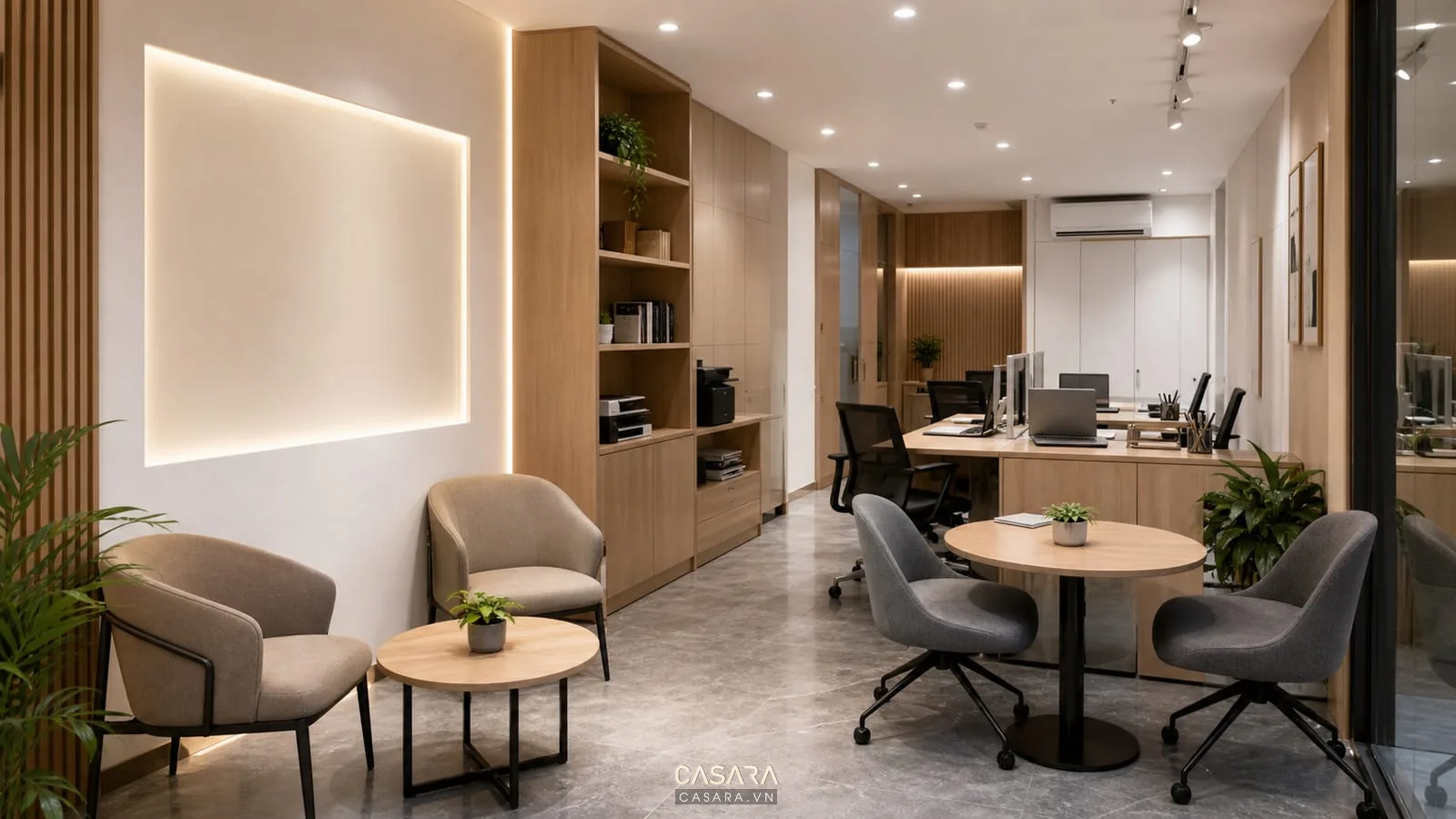 thiết kế văn phòng 20m2 cho công ty tư vấn có bàn tiếp khách nhỏ và logo trên tường