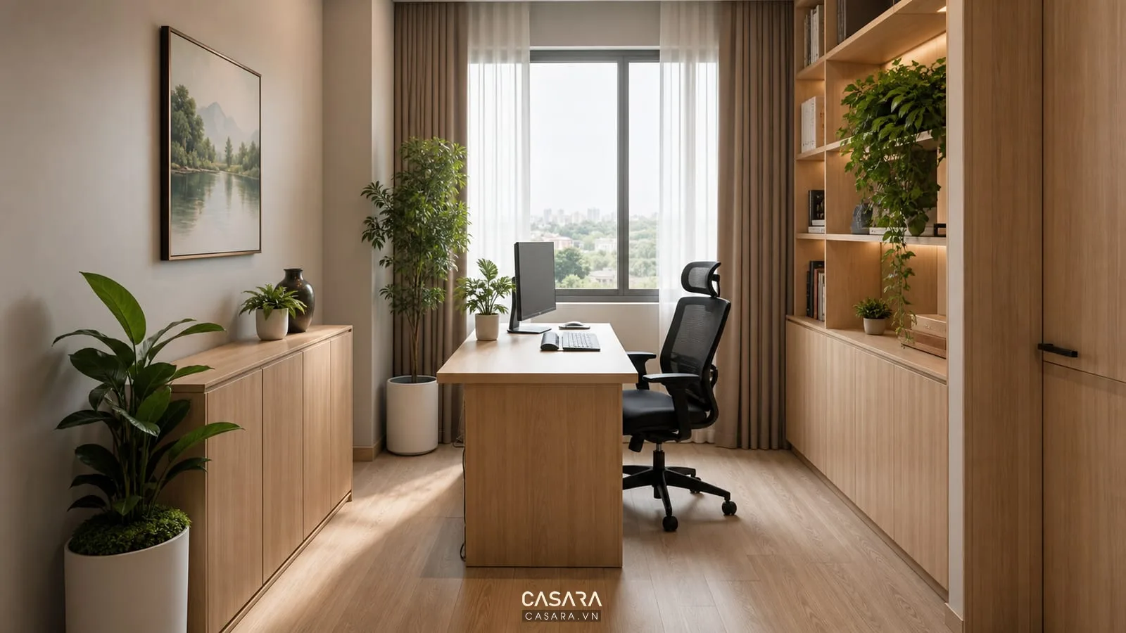 mẫu thiết kế văn phòng xanh 20m2 với cây xanh ánh sáng tự nhiên và vật liệu gỗ sáng
