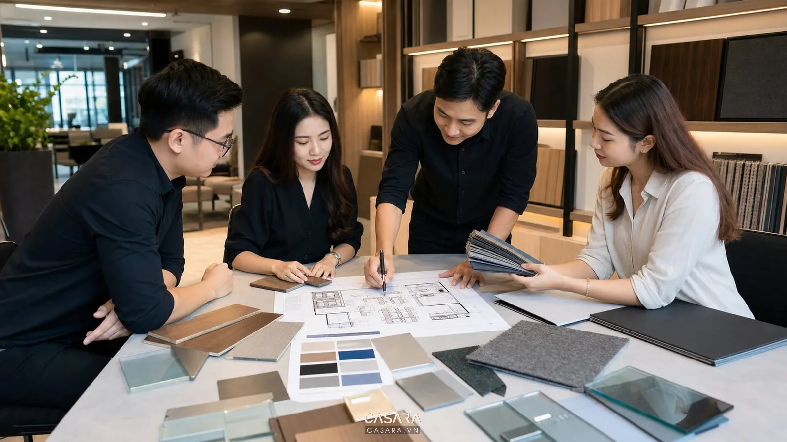 đội ngũ thiết kế nội thất văn phòng xem layout và mẫu vật liệu trên bàn họp