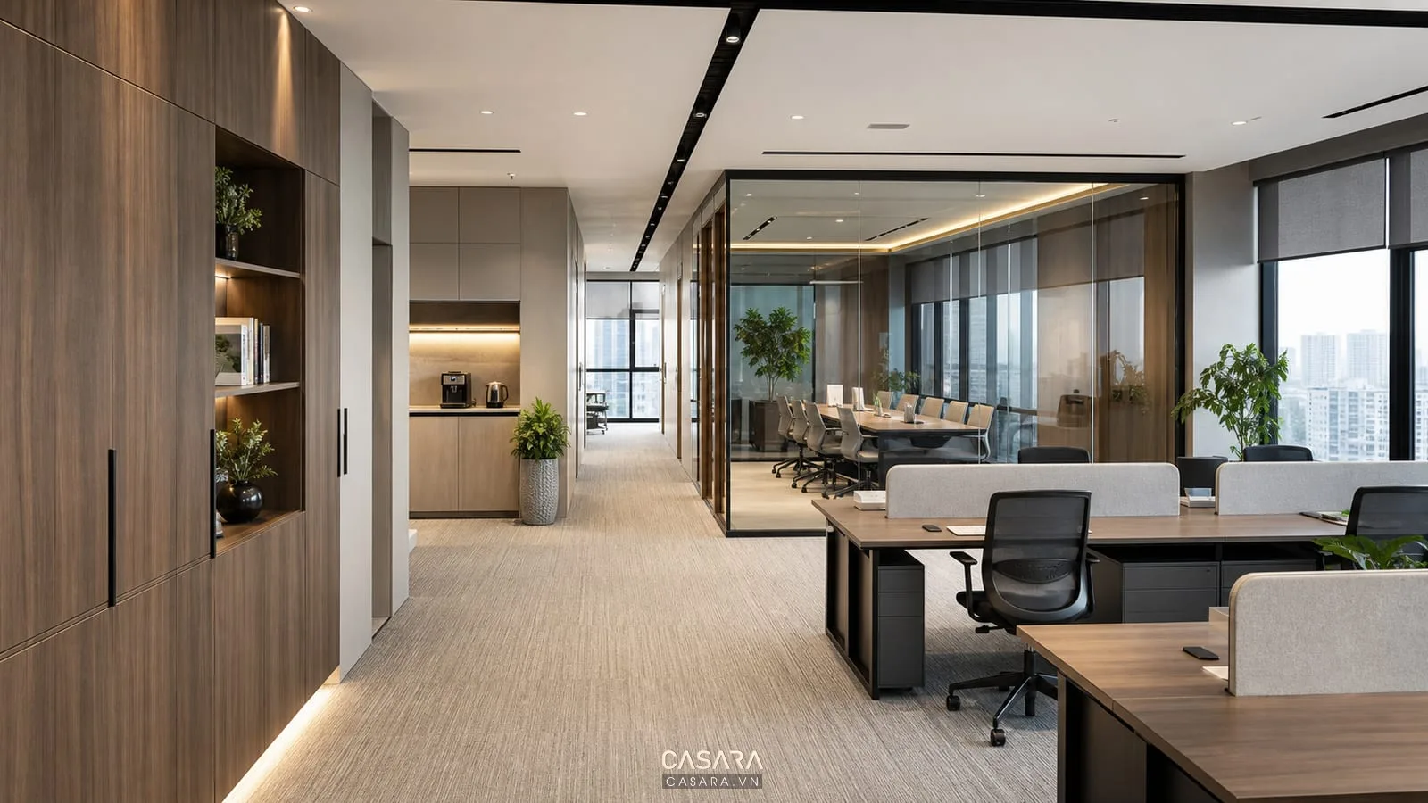 Mẫu thiết kế văn phòng 100m2 sang trọng với phòng họp kính và tủ âm tường