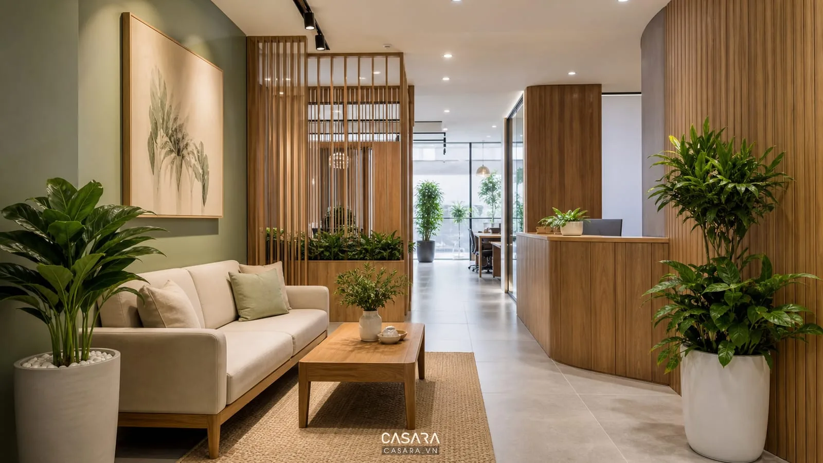 Phối cảnh văn phòng xanh với khu tiếp khách và cây xanh lớn