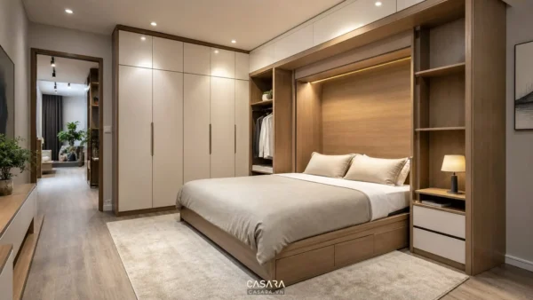 mẫu tủ giường thông minh phòng ngủ hiện đại có giường gấp liền hệ tủ áo kệ đầu giường và ngăn kéo