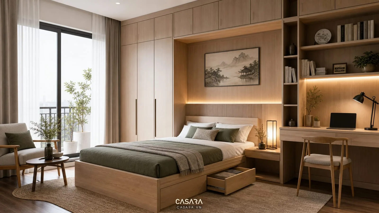 giường thông minh liền tủ phòng ngủ căn hộ có tủ áo cao kịch trần bàn làm việc nhỏ và kệ sách