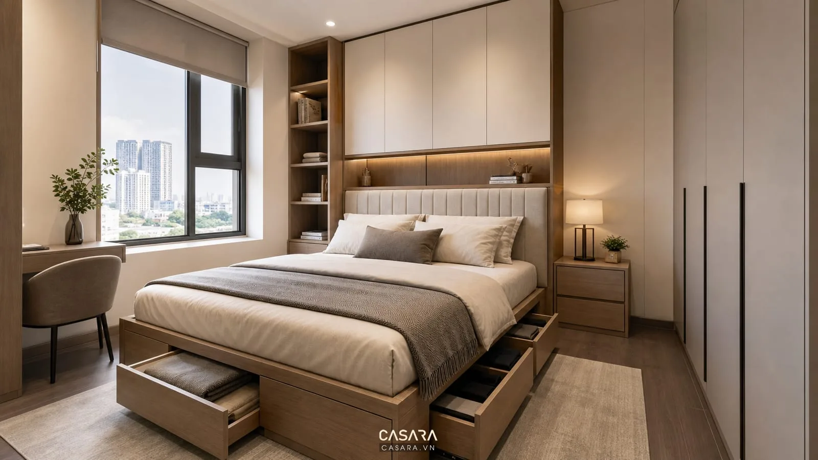 Tủ liền giường thông minh trong phòng ngủ căn hộ có hộc chứa dưới giường và tủ áo âm tường