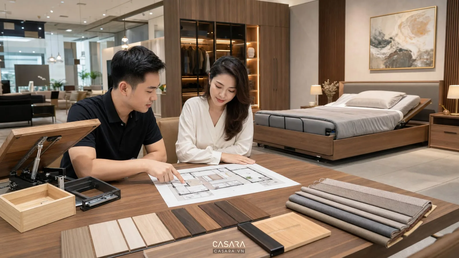 Tư vấn thiết kế giường thông minh với bản vẽ phòng ngủ và mẫu vật liệu gỗ tại showroom nội thất