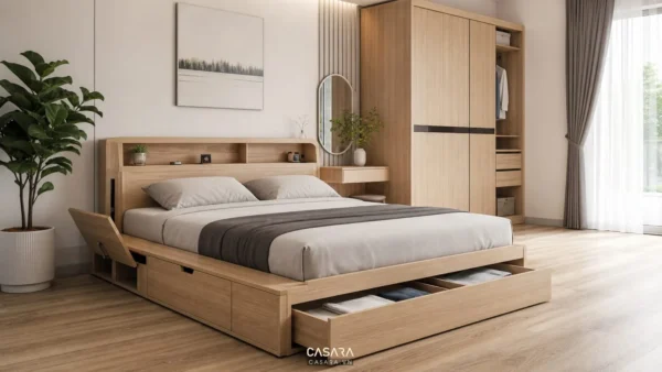 Giường thông minh bằng gỗ phối cùng nội thất phòng ngủ hiện đại