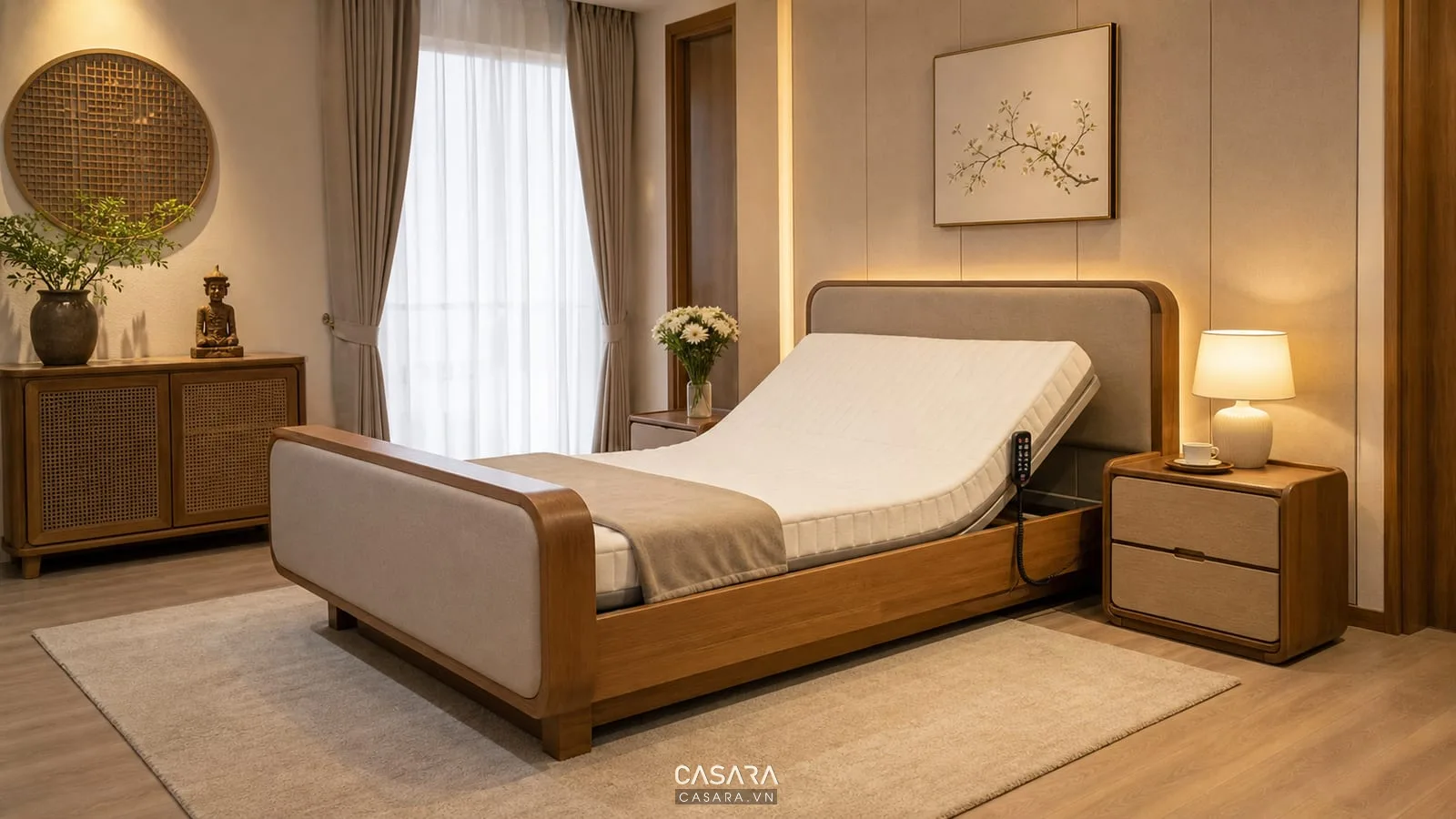 Giường thông minh cho người già với lối đi rộng và ánh sáng dịu