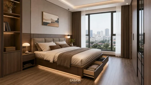 Giường thông minh trong phòng ngủ căn hộ Hà Nội với hộc lưu trữ gọn gàng