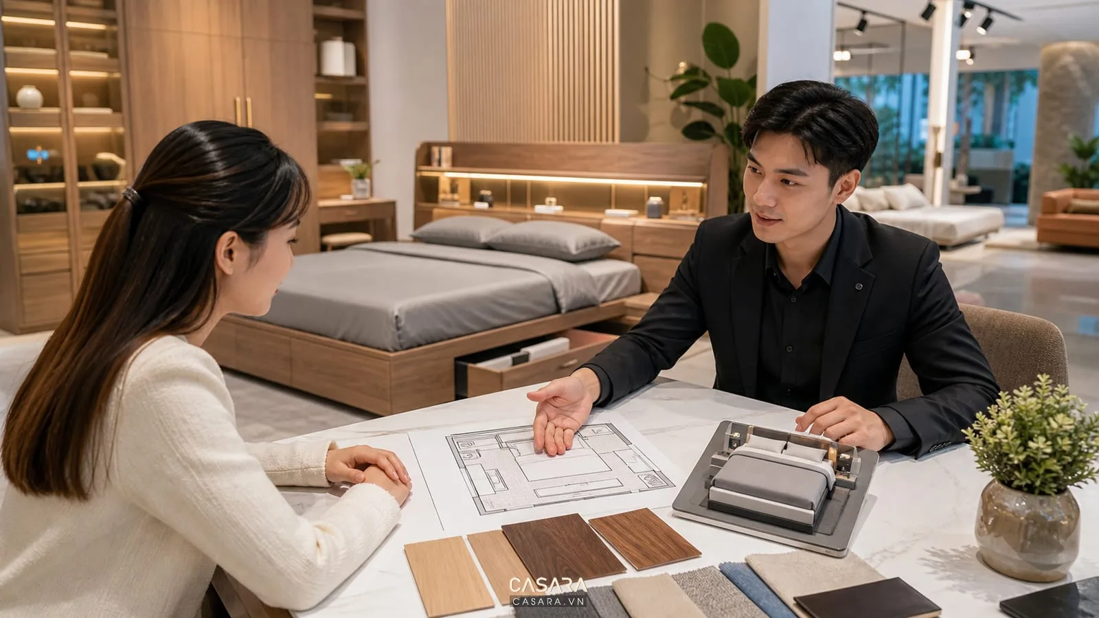 Tư vấn mua giường thông minh ở Hà Nội với bản vẽ phòng ngủ và mẫu vật liệu