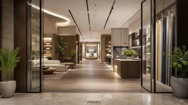 Lối vào showroom hiện đại với trục nhìn thoáng, sản phẩm trưng bày có phân cấp và lối đi rõ ràng cho khách tham quan.