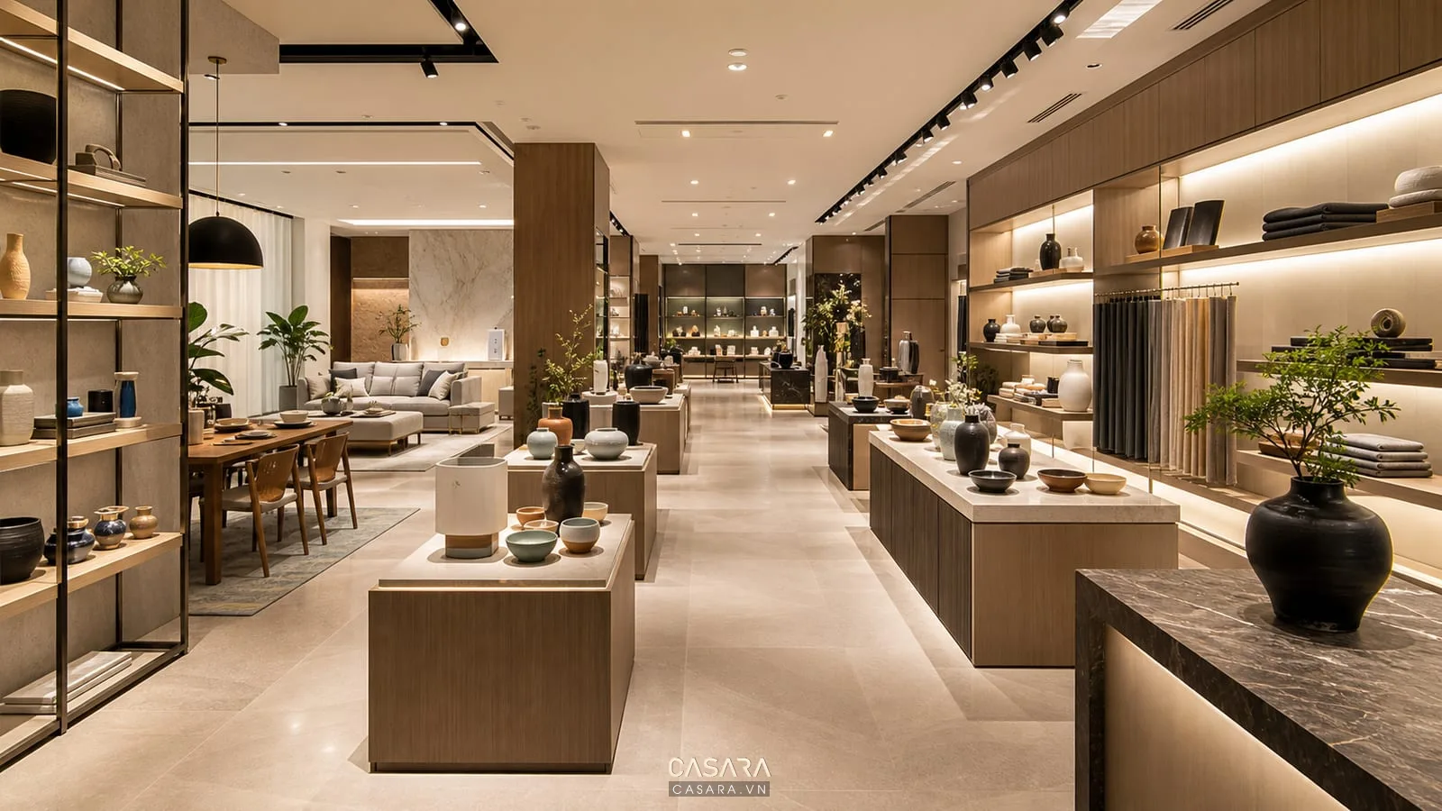 Không gian showroom cao cấp với các khu trưng bày được phân cấp, khoảng cách hợp lý và ánh sáng nhấn vào sản phẩm chính.