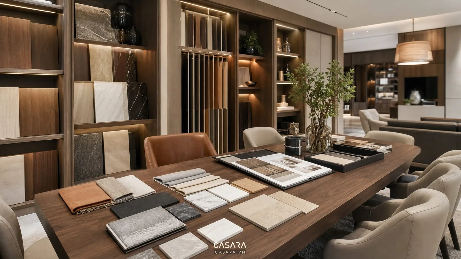 Góc tư vấn showroom với bàn mẫu vật liệu, ghế ngồi thoải mái, ánh sáng ấm vừa phải và kệ trưng bày phía sau.