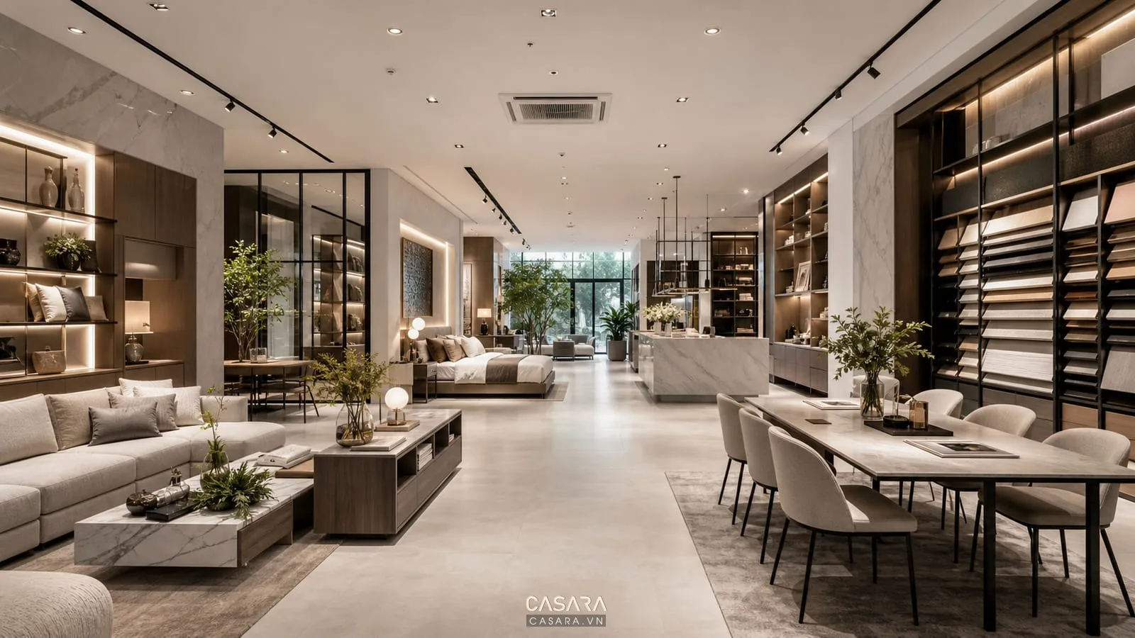 Toàn cảnh showroom cao cấp với lối đi rõ, khu trưng bày sản phẩm, ánh sáng nhiều lớp và bàn tư vấn tinh tế.