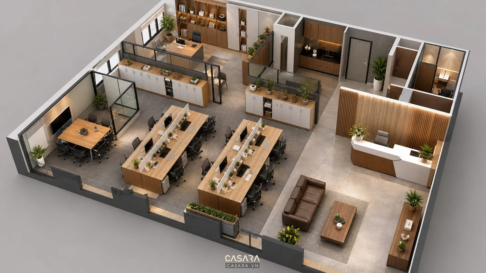 Thiết kế văn phòng 100m2 với khu làm việc mở và phòng họp kính nhỏ