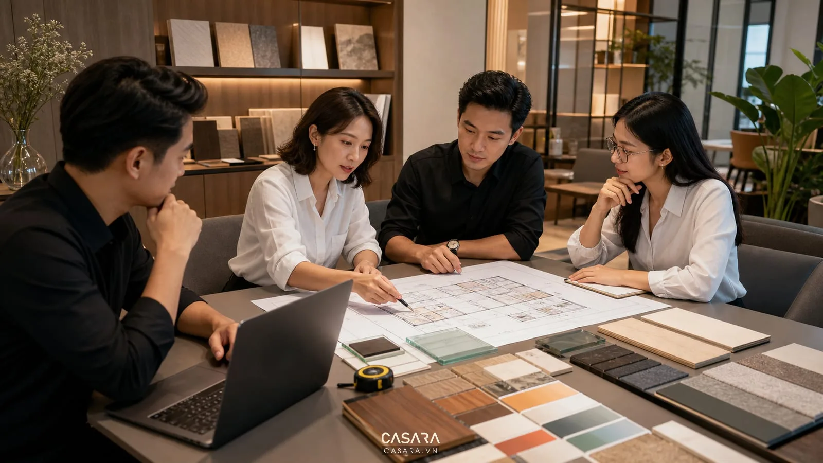 Tư vấn nguyên tắc thiết kế văn phòng làm việc với bản vẽ mặt bằng và mẫu vật liệu