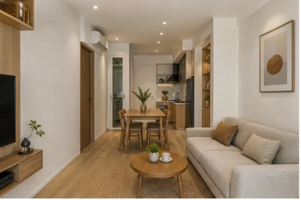 Không gian khách bếp liên thông trong nhà 40m2 2 phòng ngủ