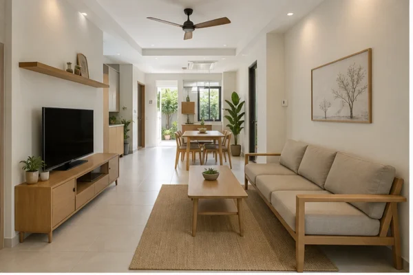 Phòng khách liền bàn ăn trong nhà cấp 4 sáng và gọn