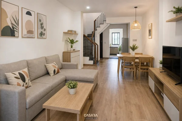 Phòng khách liên thông bàn ăn trong nhà giá rẻ với sofa nhỏ, tủ tivi và lối đi rõ