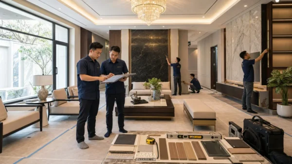 nhà thầu thi công biệt thự kiểm tra hiện trạng phòng khách biệt thự