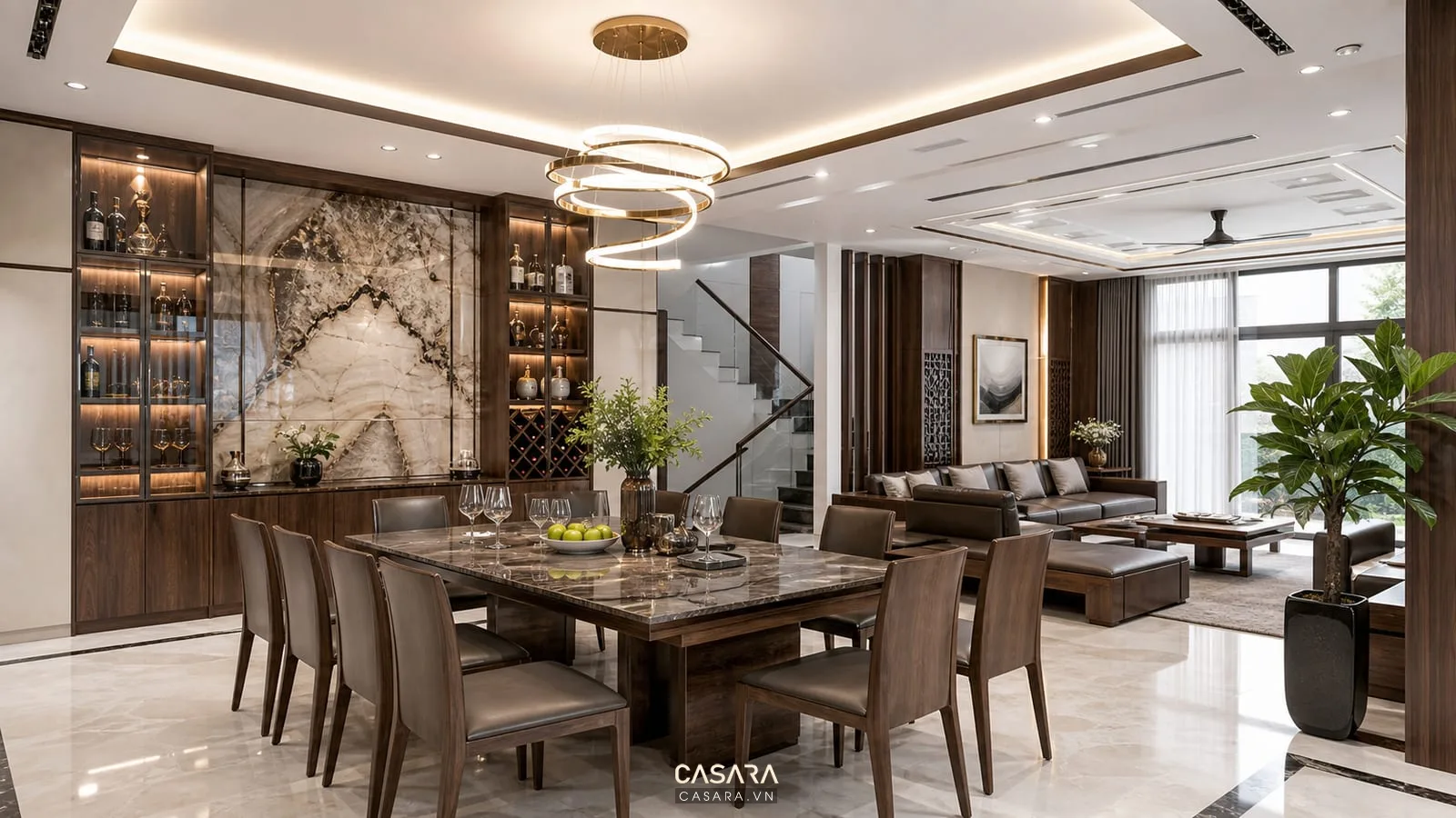 thi công nội thất biệt thự với gỗ đá và ánh sáng hoàn thiện