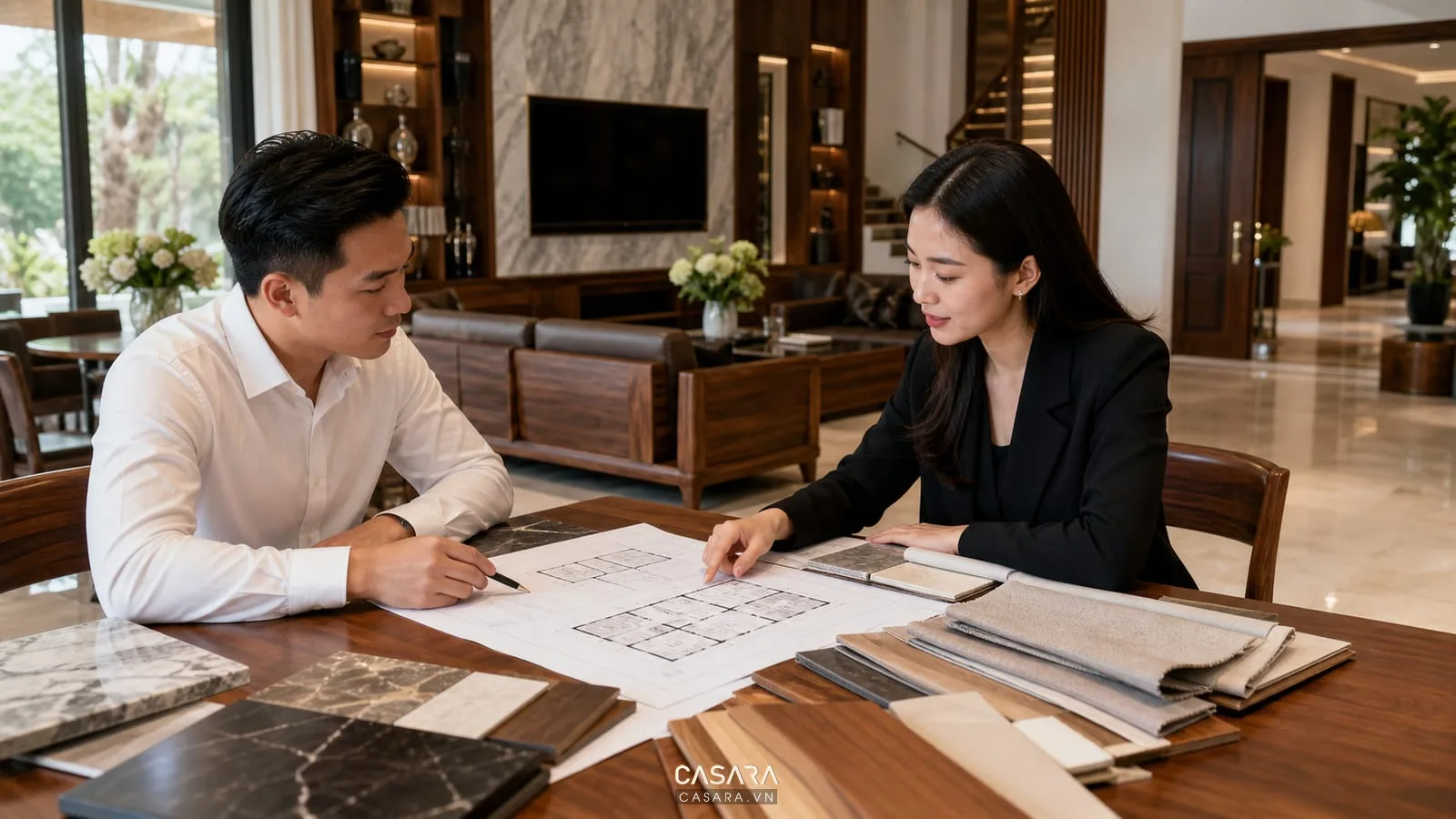 tư vấn nhà thầu thi công biệt thự với gia chủ và mẫu vật liệu
