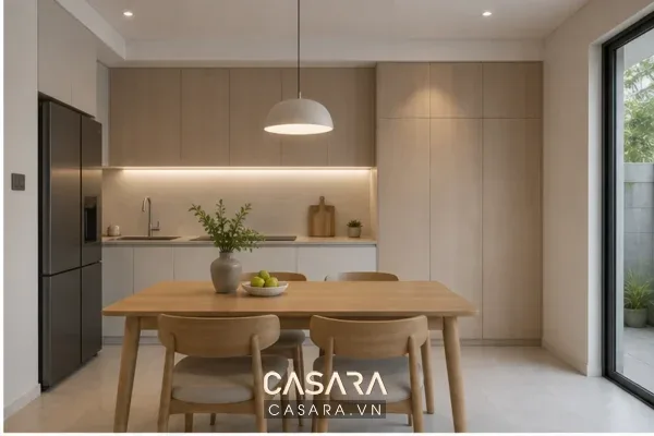 Bếp ăn tối giản với tủ phẳng và lưu trữ kín