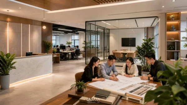 Nhiệm vụ thiết kế văn phòng hiện đại với khu lễ tân và phòng họp kính